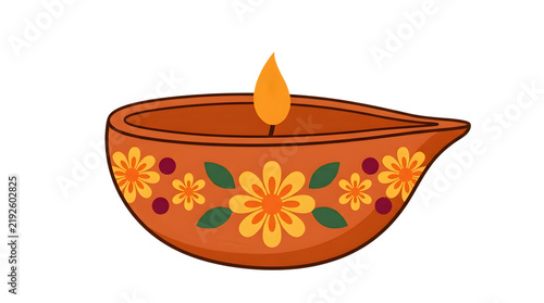 Traditional clay diya with floral patterns, decorative oil lamp for Diwali celebration, burning terracotta candle isolated on white background
