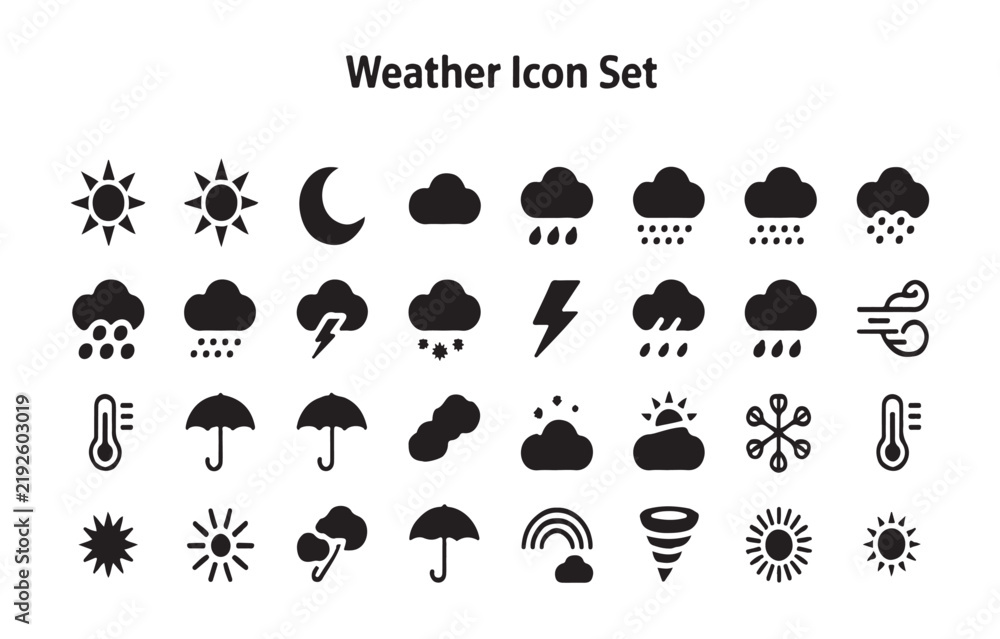 Obraz premium Weather icon set featuring sun moon rain clouds and storm elements for meteorological forecast interfaces.