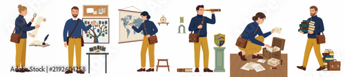 фотографія Flat vector illustration set of researchers and genealogists exploring family history, archives, old maps, and ancestral records for heritage discovery