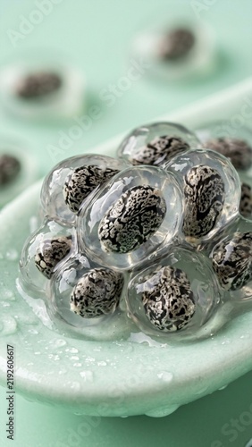 Black chia seeds soaking in water forming gelatinous texture on green spoon