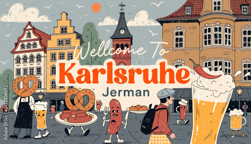 Welcome to Karlsruhe, Germany - lively street scene with beer and pretzels