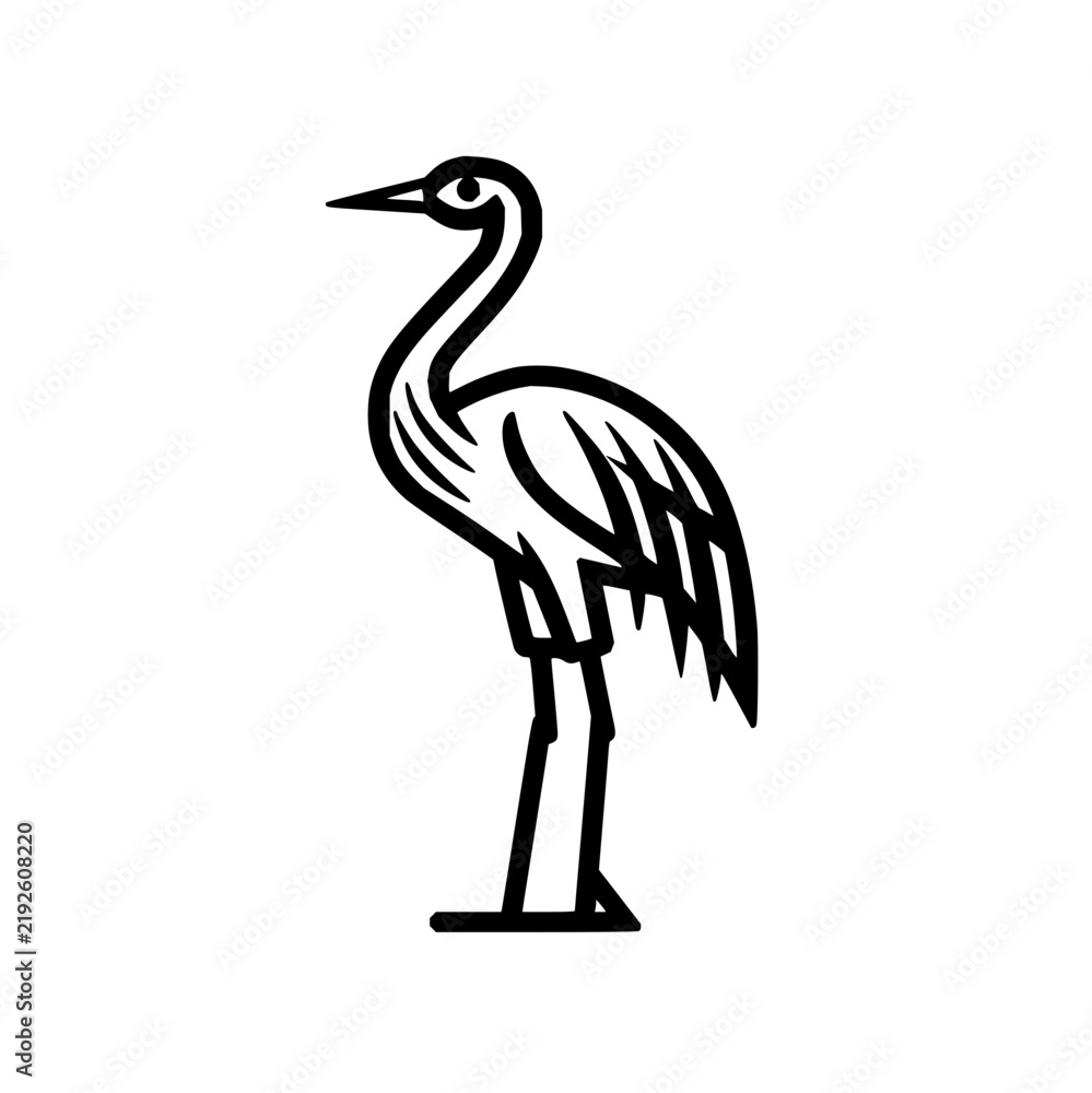 Obraz premium Illustration of a black and white crane with long neck standing gracefully on its thin legs elegantly drawn