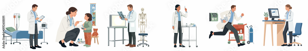 Obraz premium Flat vector illustration set showing diverse medical professionals including doctors and nurses performing various clinical duties in a hospital or clinic setting.