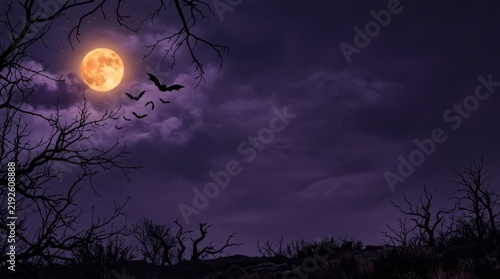 Full moon with flying bats in a spooky purple night sky