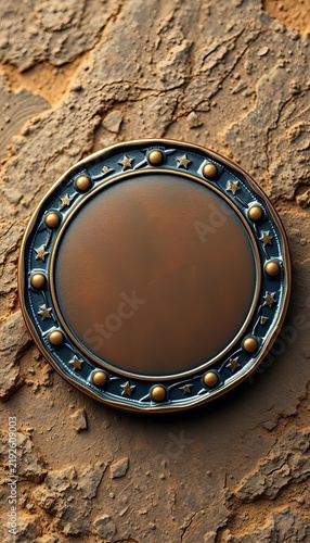 Decorative circular metal frame on rugged stone surface