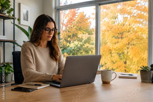 Young Woman Working on Laptop at Home Office with Colorful Autumn Trees Outside Window.