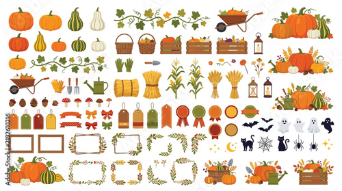 Autumn harvest vector elements set, rustic pumpkin and fall foliage collection, seasonal farm icons for thanksgiving and halloween design