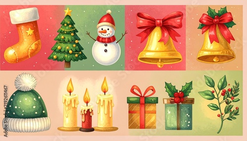 Colorful Christmas festive icon set.