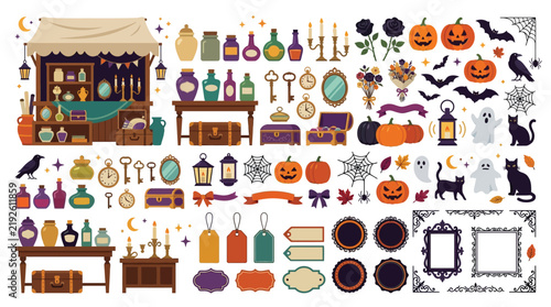 Vintage Halloween Magic Shop Vector Elements, Spooky Witch Potion Bottles and Pumpkin Icons, Mystical Occult Market Clipart Set for Autumn Decor