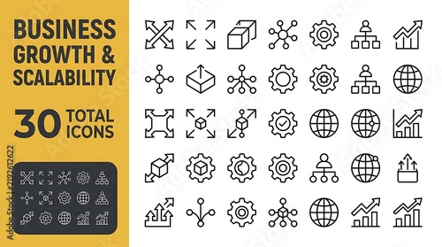 Business growth and scalability outline symbol set featuring strategic expansion and management icons