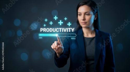 Businesswoman touching virtual interface screen to increase work productivity
