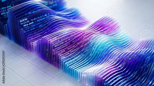 Digital data wave graph visualization with glowing code text on curved glass layers