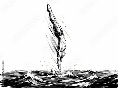 A black and white ink illustration of a diver entering the water.