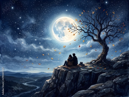 Serene Couple Sharing Intimate Moonlit Moment on Cliff Edge Beneath Glowing Autumnal Tree and Starry Night Sky
