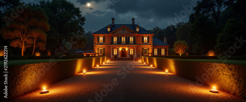Night Driveway Heritage Mansion Diyas Festive Lights No People For Real Estate Blogs Architecture Sites And Holiday Marketing