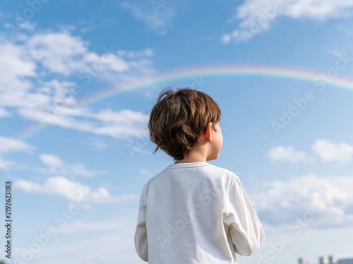 Obraz w ramie 青空に美しく描かれた大きな虹を見上げて驚く白いTシャツの男の子