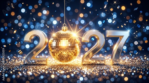 Happy New Year 2027 celebration background with golden disco ball and shiny silver numbers on sparkling bokeh lights