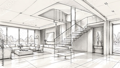 Modern interior design sketch showcasing luxury residential staircase and living area with architectural details.