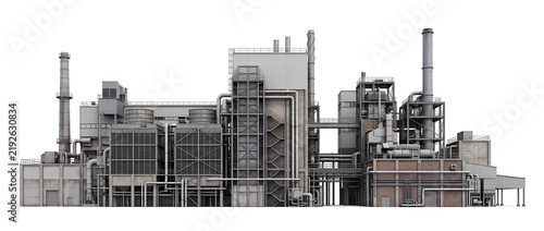 Large Industrial Factory with Complex Machinery and Chimneys.