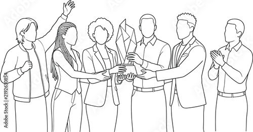 Professional Team Celebrating Corporate Achievement With Trophy and Collaborative Success Line Art Illustration