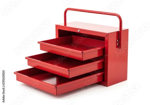 Red metal cantilever toolbox with open trays