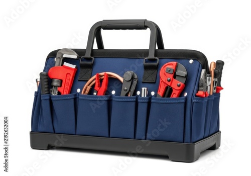 Blue canvas tool bag filled with equipment