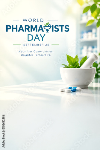 World pharmacists day celebration poster featuring a white mortar pestle with green leaves and medical pills on a bright table