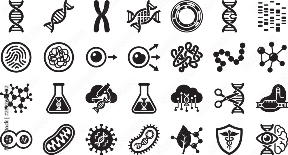Fototapeta premium DNA and Genetics Icon Set - Biology, Biotechnology, Molecular Science, Gene Editing, Microbiology, and Science Lab Vector Icons