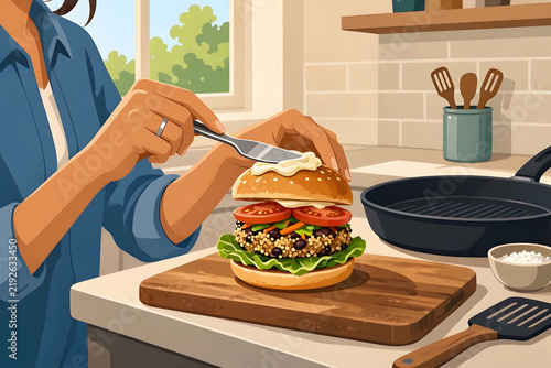 A person's hands spread sauce on a vegan burger with a vegetable patty, lettuce, and tomato on a wooden cutting board in a bright kitchen. Podcast cover for plant-based meal