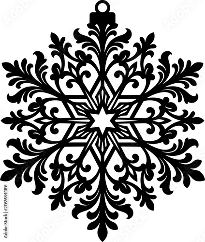 Ornate black snowflake ornament design with intricate scrollwork and filigree