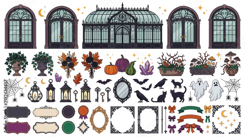 Gothic greenhouse vector elements, vintage spooky Halloween clip art set, Victorian conservatory and dark academia design assets