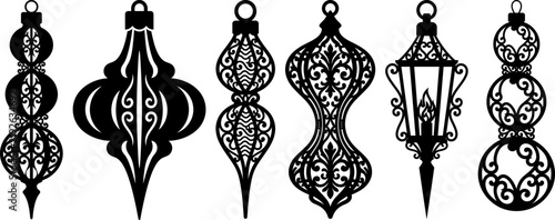 Set of six elegant black silhouette christmas ornaments with intricate scrollwork designs, including lanterns and teardrop shapes