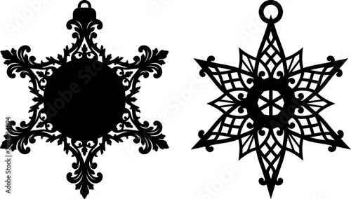 Intricate ornate black silhouette snowflake and star christmas ornaments vector set, ideal for laser cutting and festive decoration