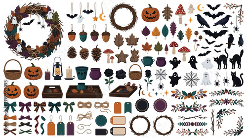Spooky Halloween vector elements set, autumn harvest and witchcraft clip art collection, rustic fall holiday design assets