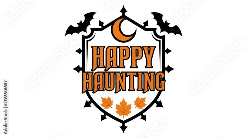 Happy Haunting Halloween badge with bats moon and autumn leaves