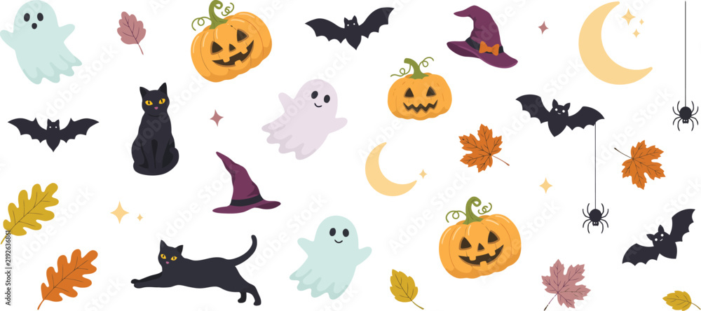 Obraz premium Halloween-themed flat icons set with cats, pumpkins, bats, and ghosts