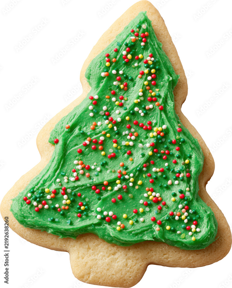 Obraz premium Christmas tree shaped sugar cookie decorated with green icing and sprinkles isolated on transparent background.