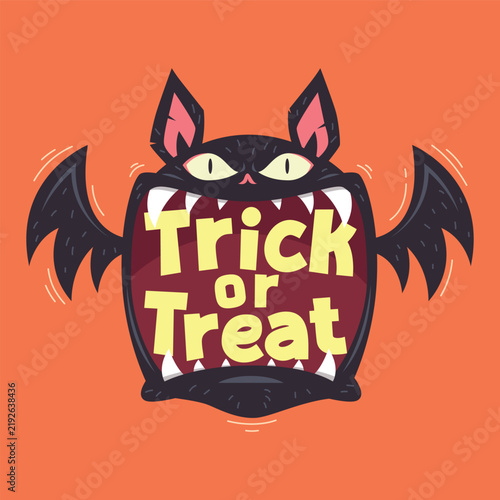 Spooky cute bat with halloween trick or treat sign vector graphic cartoon