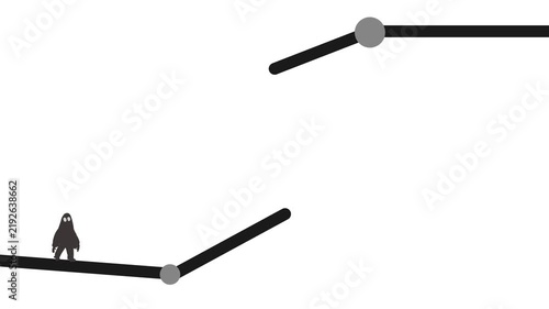 A small character stands on a platform, and the platforms are moved by protruding mechanisms. It simulates a computer game.