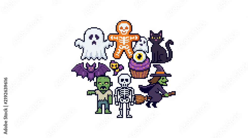 Fototapeta premium Pixel art Halloween character collection featuring ghost witch skeleton zombie bat and cat.