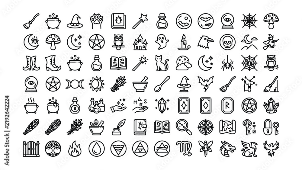 Fototapeta premium Set of black and white witchy and occult icons for magic themed design projects and digital stickers