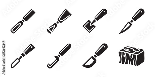 фотографія Professional woodcarving chisels and wooden block set in clean black vector style perfect for craft shop catalogs