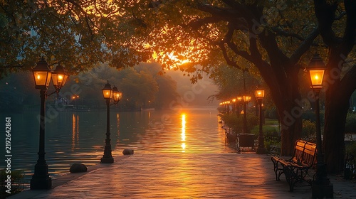 Sunrise path by waterway in park