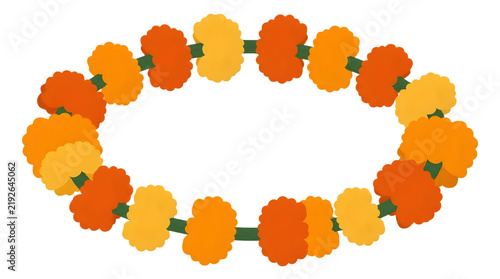 Marigold flower garland on white background, orange and yellow floral lei for diwali decoration, traditional indian marigold toran for festive celebration