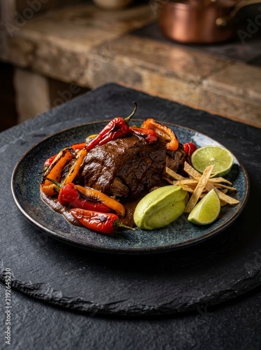 Mexican braised beef dish with peppers and lime