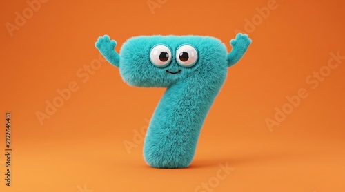 Excited Teal Fluffy Number Seven Monster with Raised Arms on Orange Background, 3D Furry Character for Kids Achievement, Victory Badge and Gaming App Design.