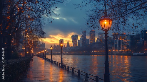 City waterfront at twilight