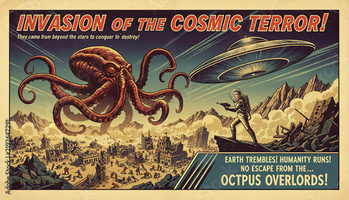 Retro 1950s Sci-Fi Movie Poster Illustration - Invaders from Octoplus with Giant Octopus
