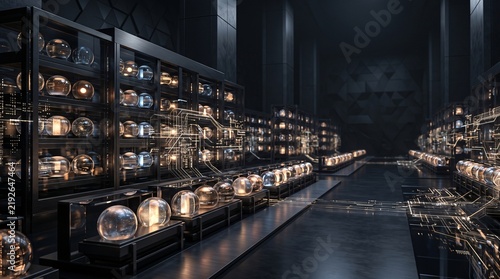 Obraz na płótnie Data archivist inspects climate-controlled server racks in high-security digital storage facility