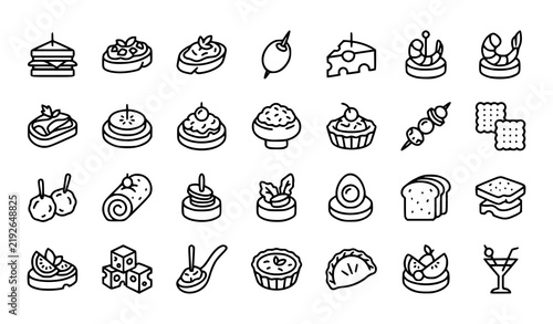 Canapé and Appetizer Food Thin Line Icon Set for Buffet Menu and Catering Design